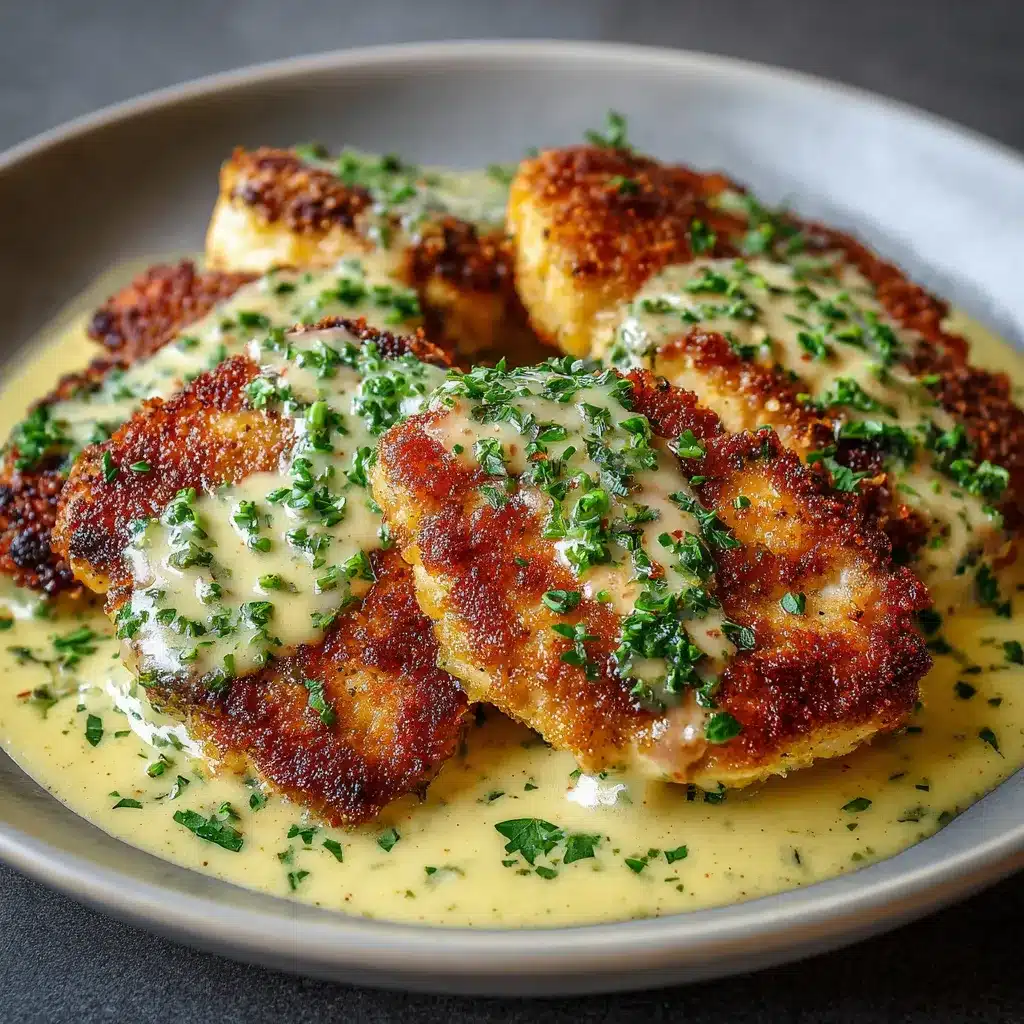 Escalopes de poulet nappées de sauce moutarde crémeuse dans une poêle