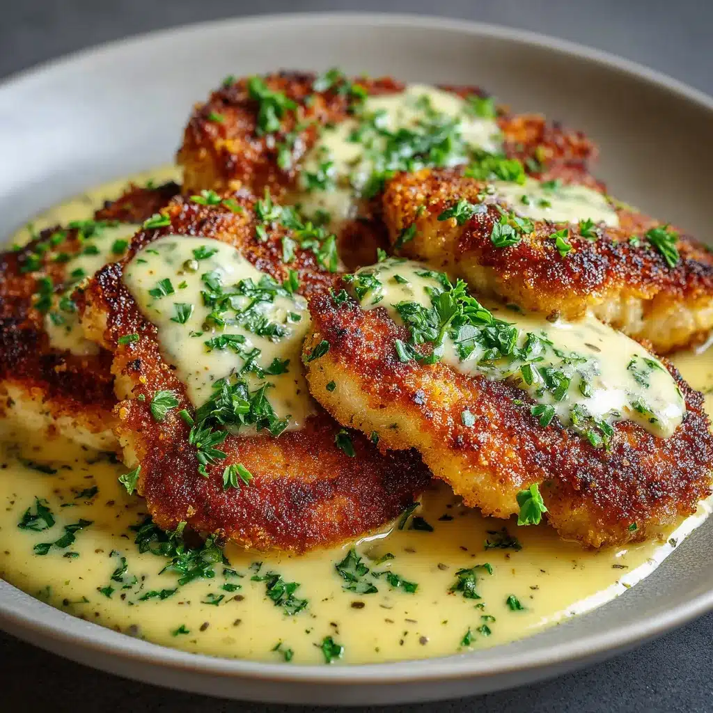 Escalopes de poulet nappées de sauce moutarde crémeuse dans une poêle