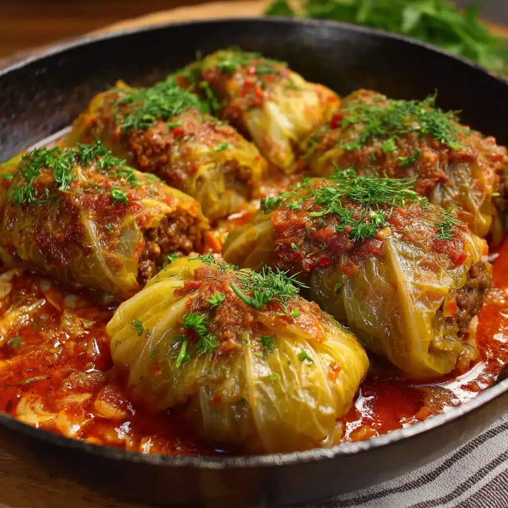 Cigares de chou farcis au bœuf et riz cuits au four dans un plat en céramique avec sauce tomate maison