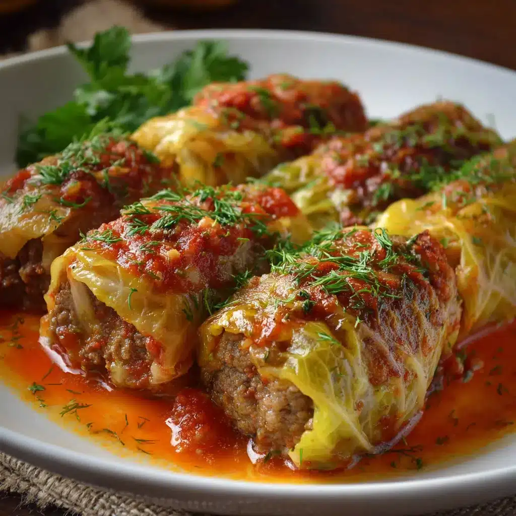 Cigares de chou farcis au bœuf et riz cuits au four dans un plat en céramique avec sauce tomate maison