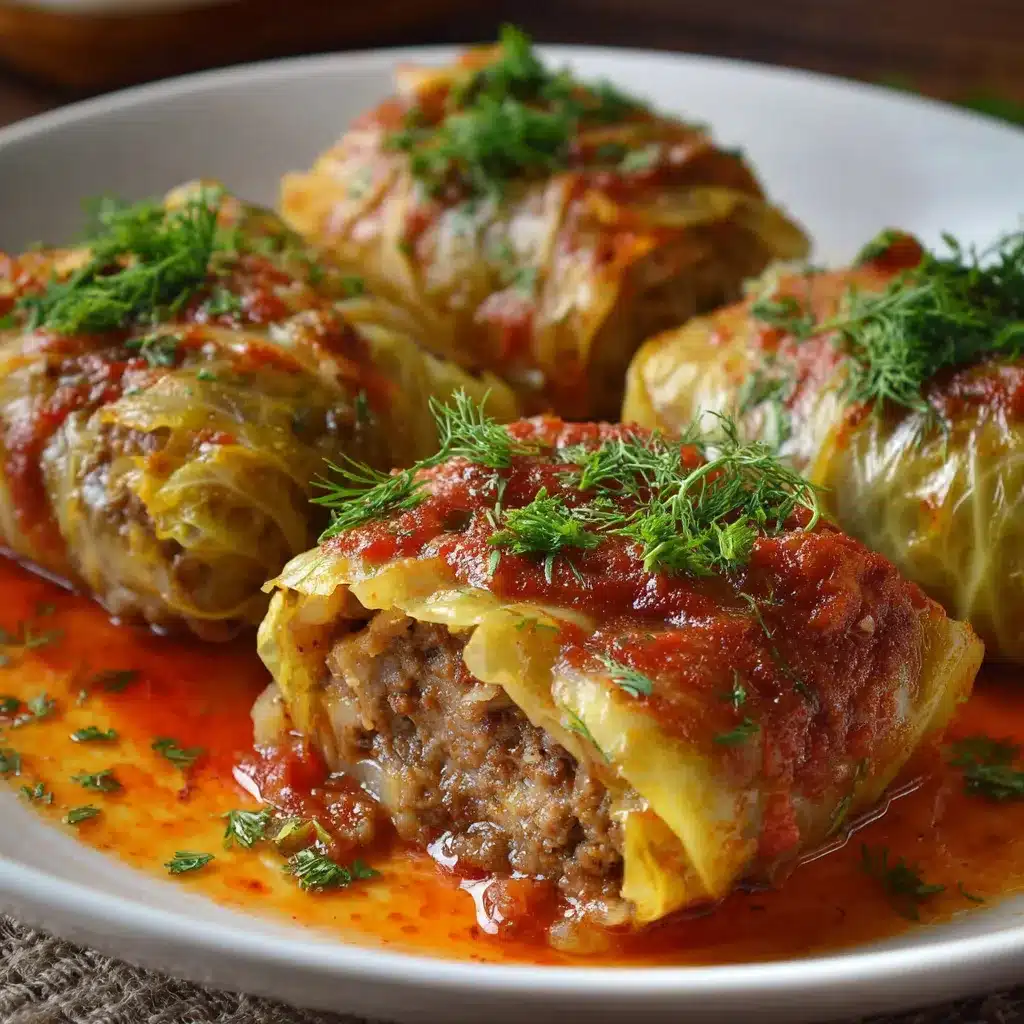 Cigares de chou farcis au bœuf et riz cuits au four dans un plat en céramique avec sauce tomate maison