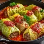 Cigares de chou farcis au bœuf et riz cuits au four dans un plat en céramique avec sauce tomate maison