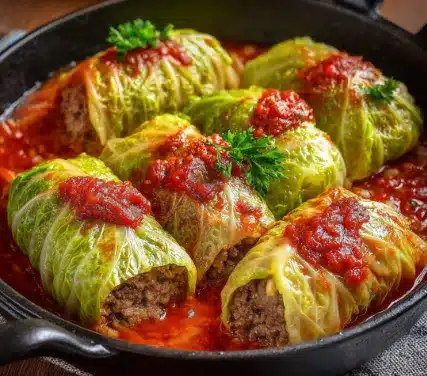 Cigares de chou farcis au bœuf et riz cuits au four dans un plat en céramique avec sauce tomate maison
