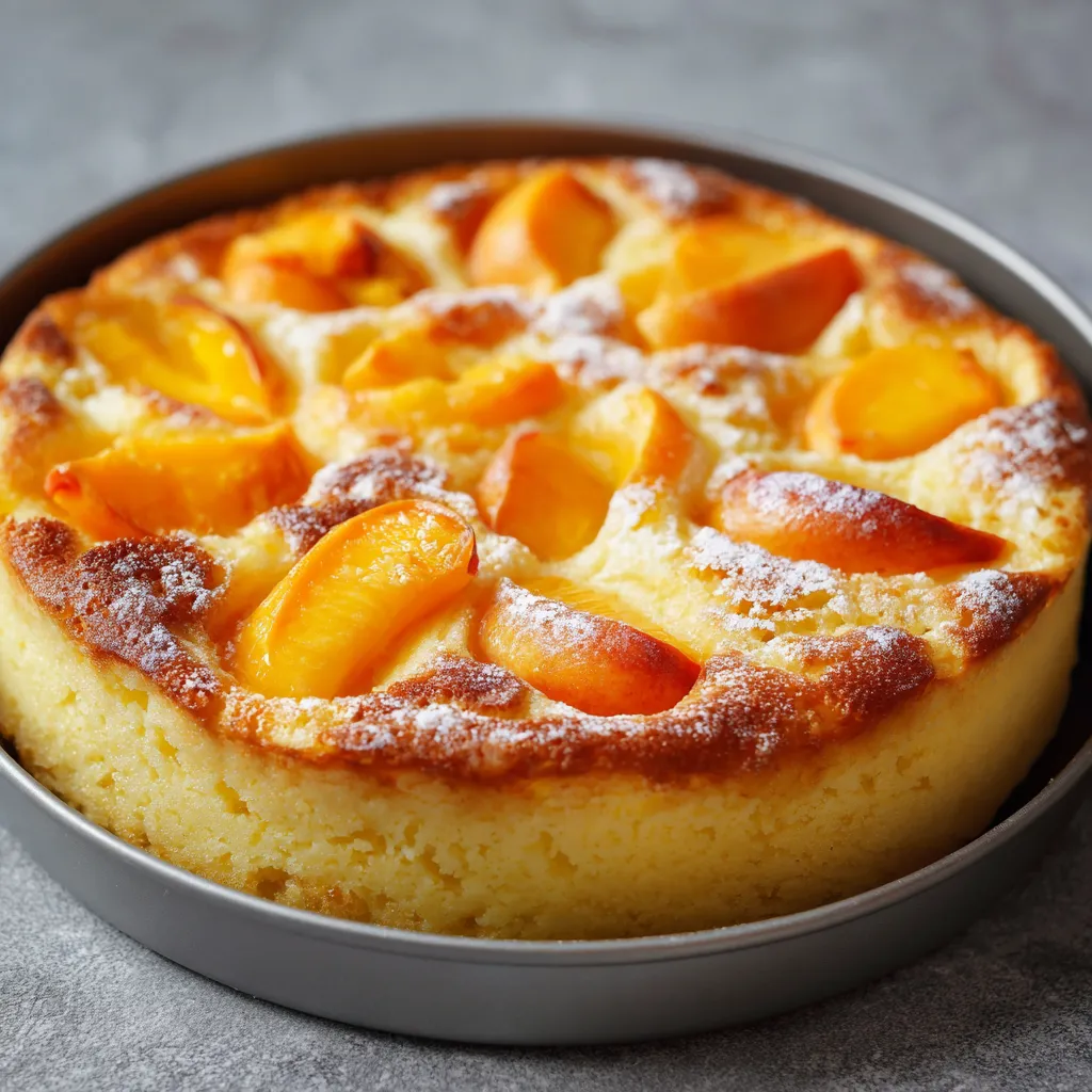 Clafoutis de semoule aux pêches doré dans un plat en céramique, prêt à être servi.