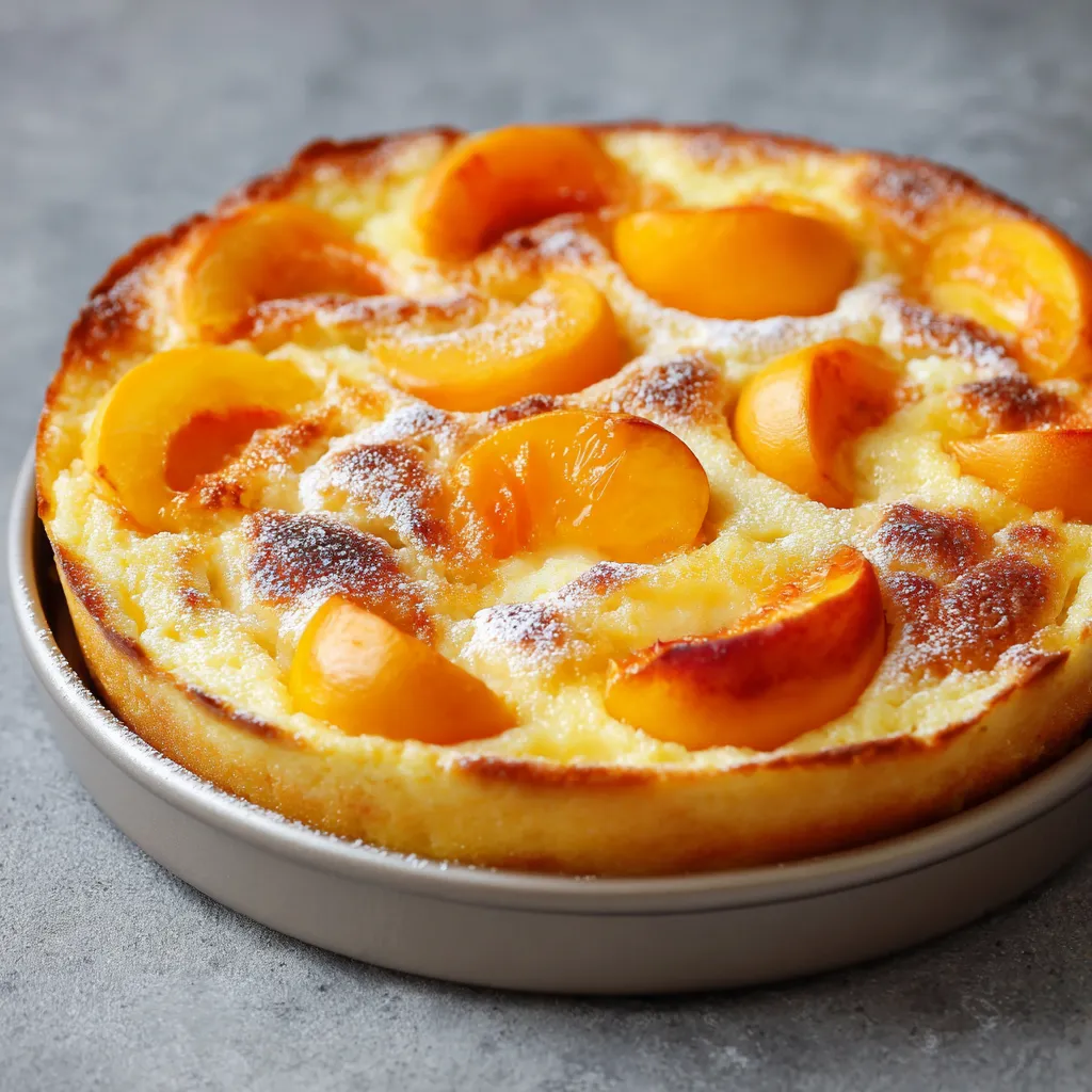 Clafoutis de semoule aux pêches doré dans un plat en céramique, prêt à être servi.