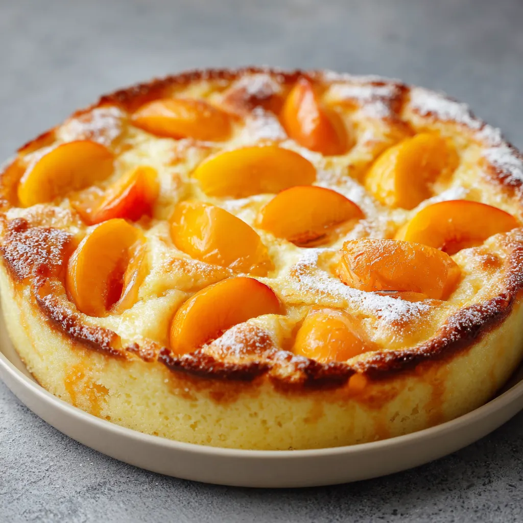 Clafoutis de semoule aux pêches doré dans un plat en céramique, prêt à être servi.