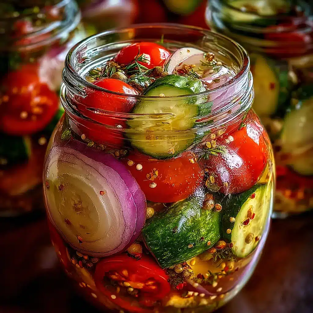 Salade de concombres, oignons et tomates marinés dans un bol en verre, servie fraîche avec des herbes