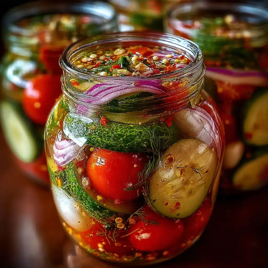 Salade de concombres, oignons et tomates marinés dans un bol en verre, servie fraîche avec des herbes