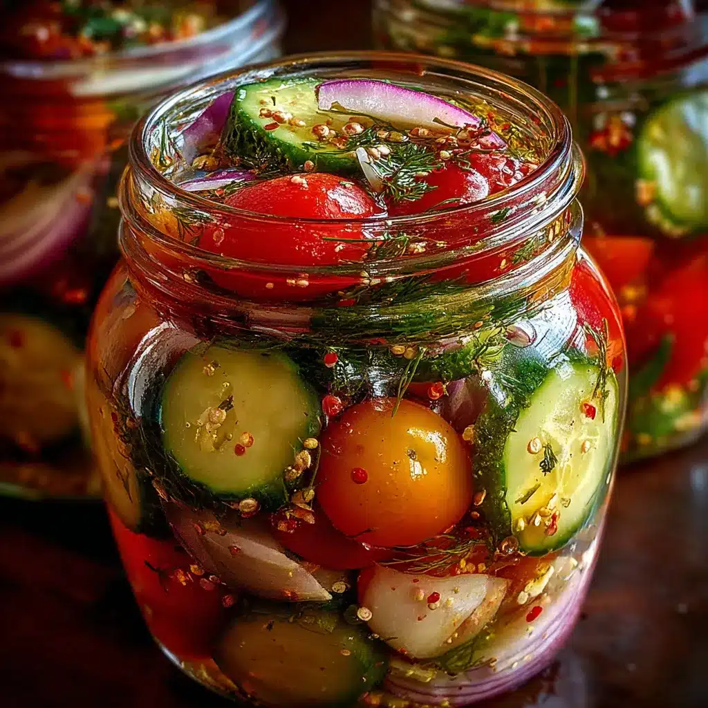 Salade de concombres, oignons et tomates marinés dans un bol en verre, servie fraîche avec des herbes