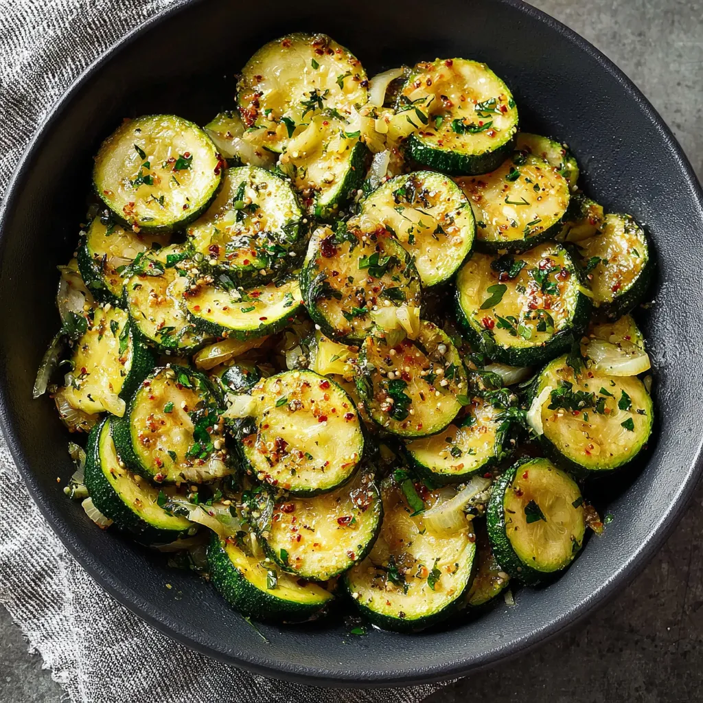 Courgettes dorées à la poêle avec herbes fraîches et oignons émincés