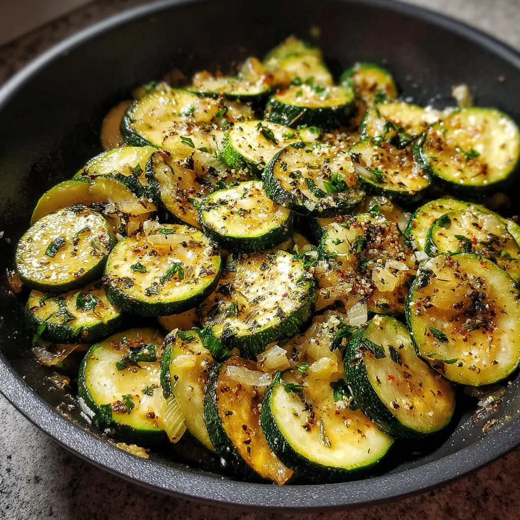 Courgettes dorées à la poêle avec herbes fraîches et oignons émincés