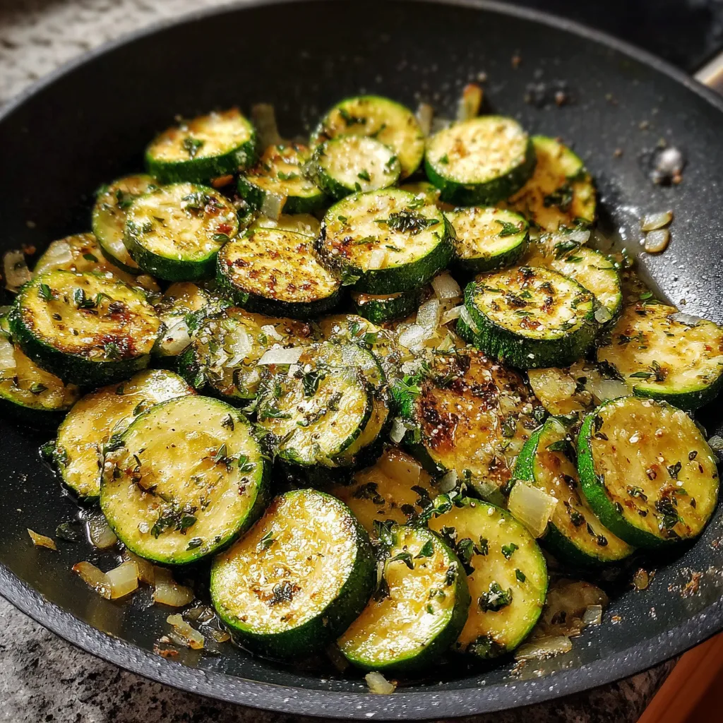 Courgettes dorées à la poêle avec herbes fraîches et oignons émincés