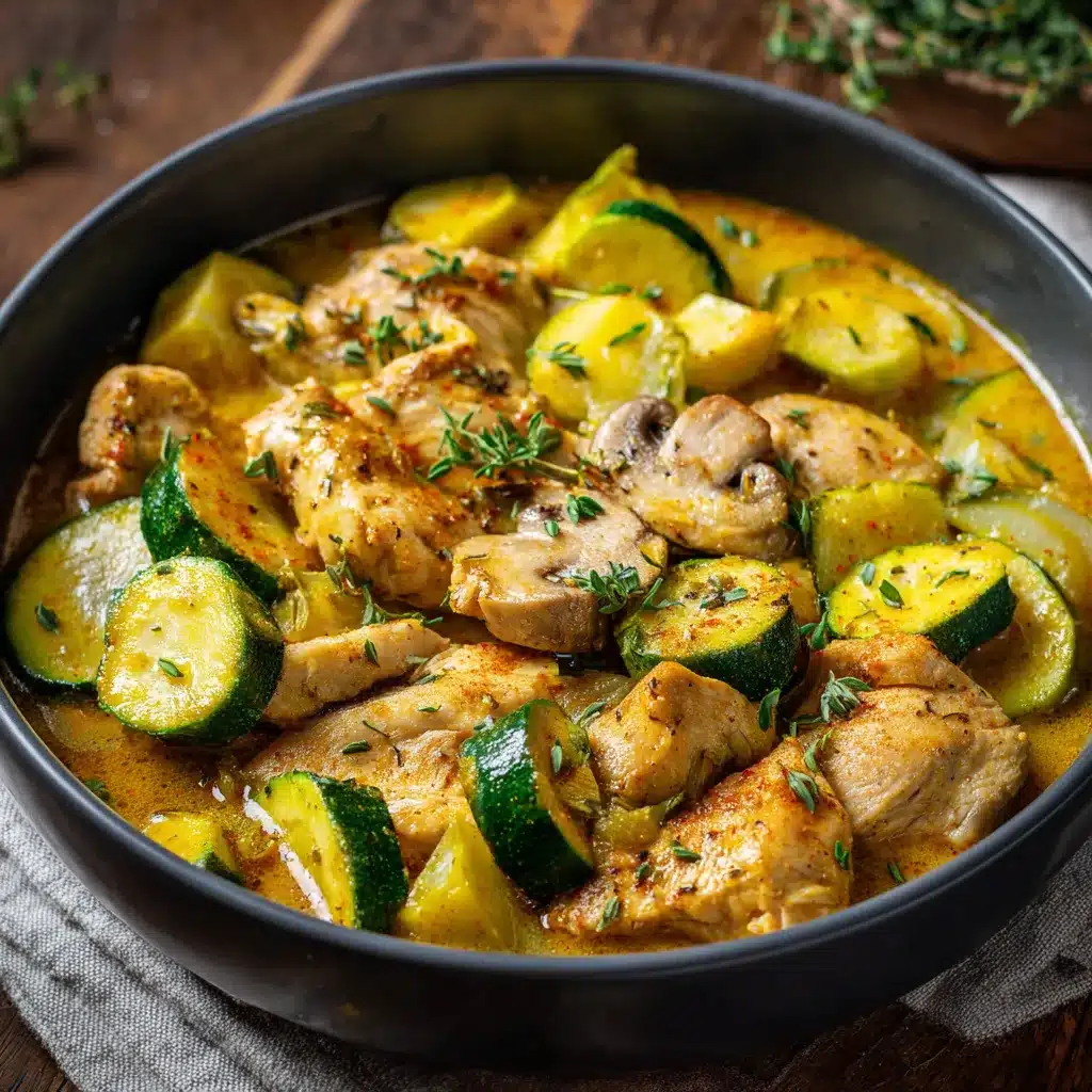 Courgettes au poulet mijotées avec champignons et sauce légère au curry