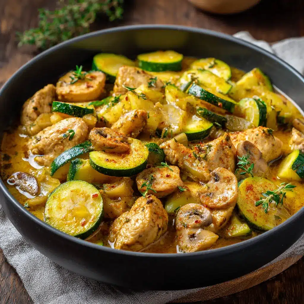 Courgettes au poulet mijotées avec champignons et sauce légère au curry