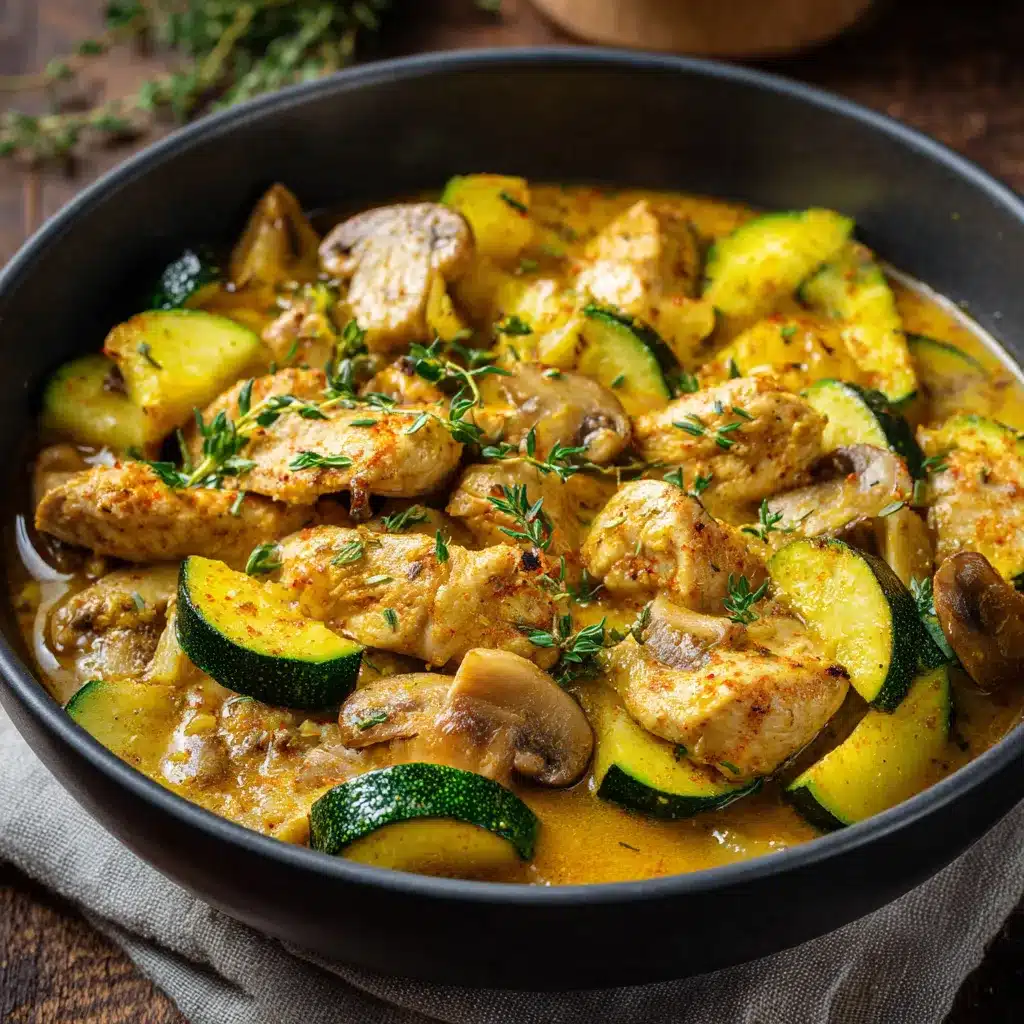 Courgettes au poulet mijotées avec champignons et sauce légère au curry