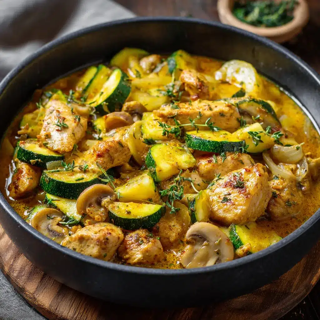 Courgettes au poulet mijotées avec champignons et sauce légère au curry