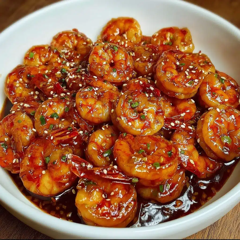 Crevettes nappées de sauce au miel dans une poêle chaude, prêtes à être servies