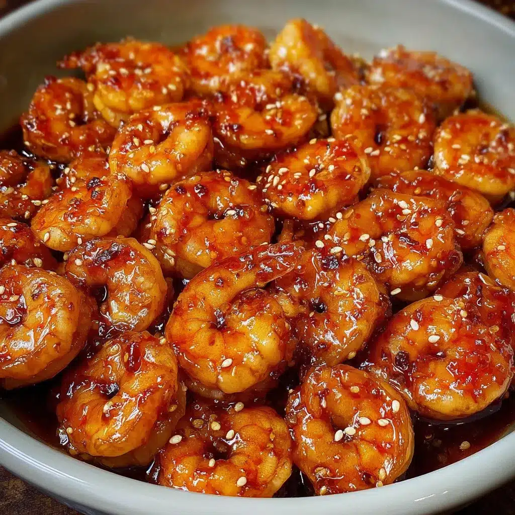 Crevettes nappées de sauce au miel dans une poêle chaude, prêtes à être servies