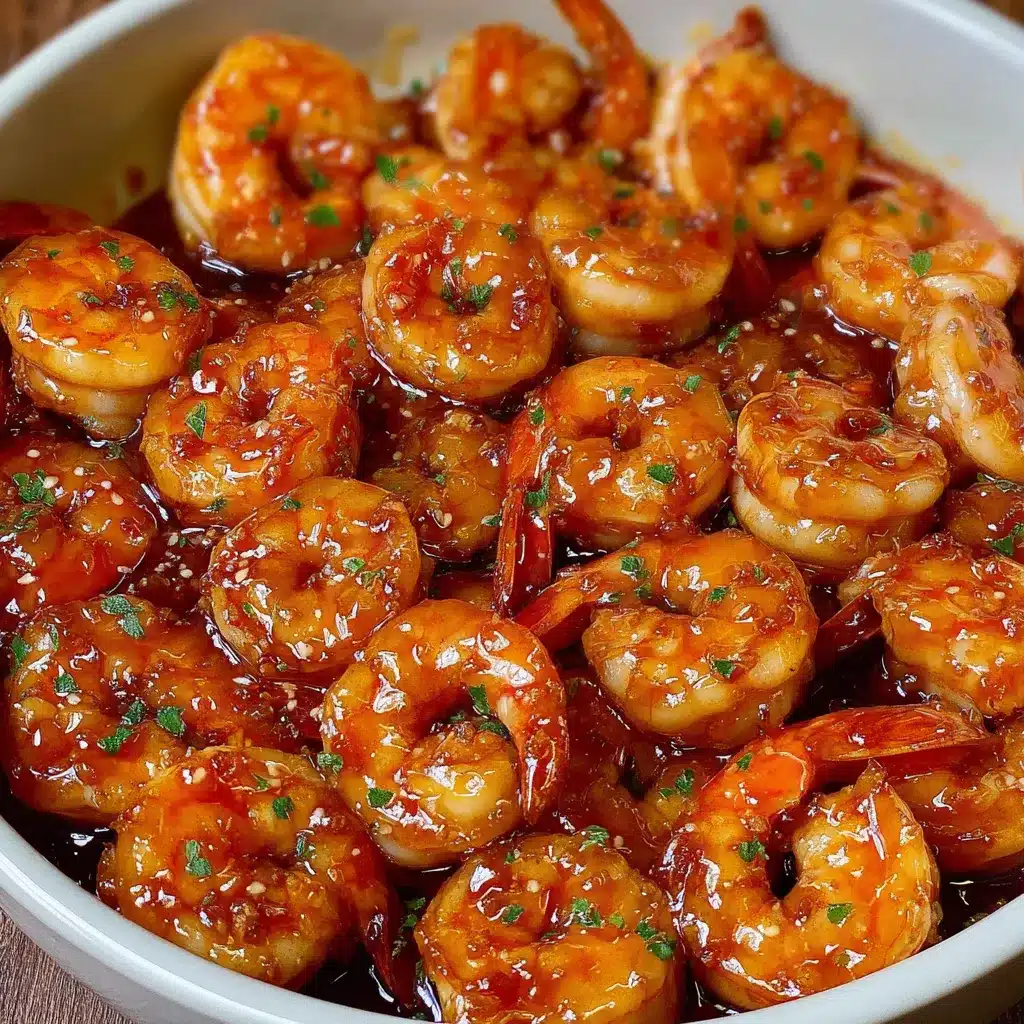 Crevettes nappées de sauce au miel dans une poêle chaude, prêtes à être servies