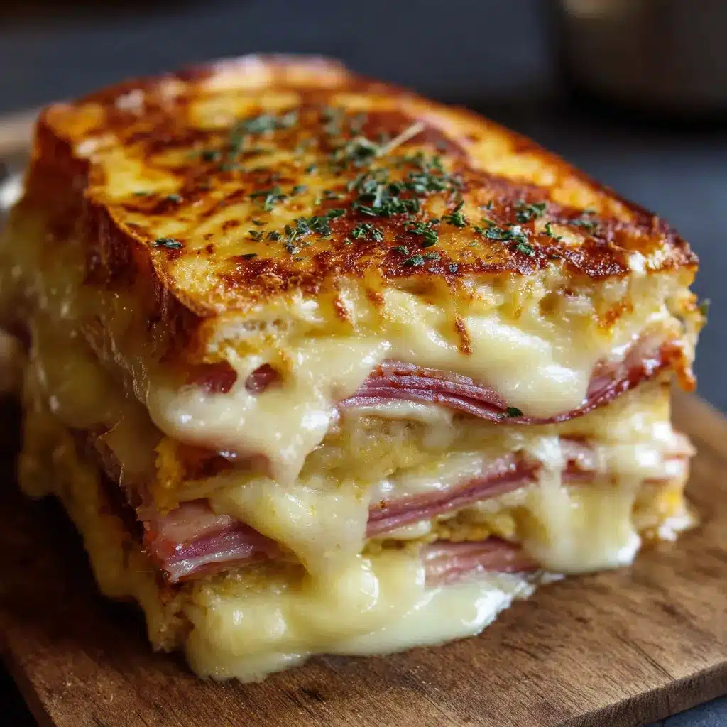 Croque cake à la raclette sans porc doré au four, servi en tranches avec salade verte