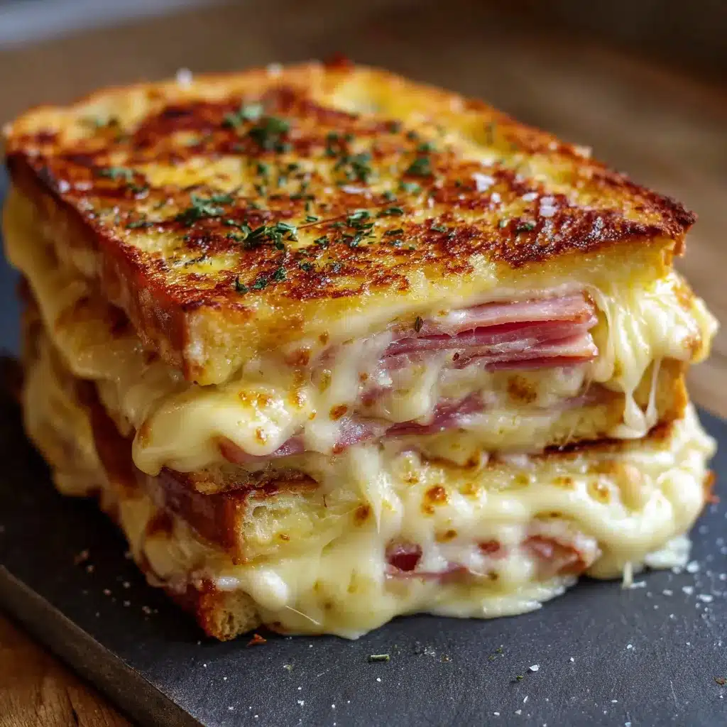 Croque cake à la raclette sans porc doré au four, servi en tranches avec salade verte