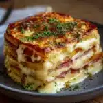 Croque cake à la raclette sans porc doré au four, servi en tranches avec salade verte