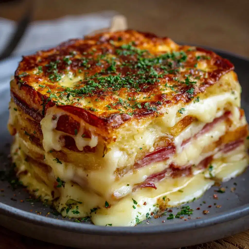 Croque cake à la raclette sans porc doré au four, servi en tranches avec salade verte