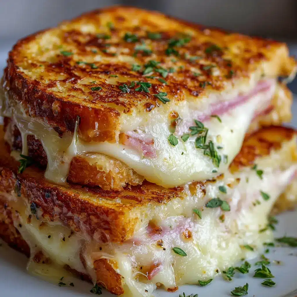 Croque-Monsieur Montagnard doré à la poêle avec fromage à raclette fondant et oignons caramélisés.