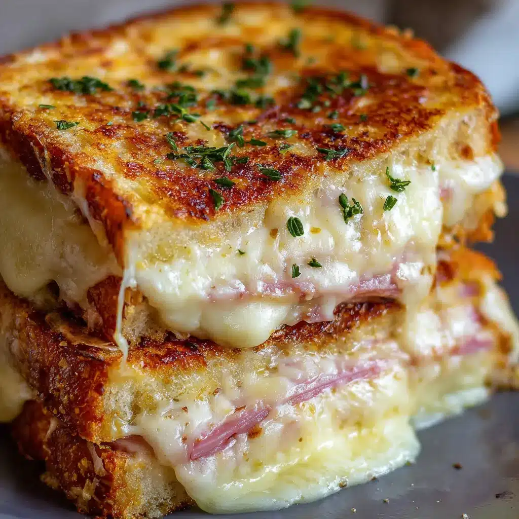 Croque-Monsieur Montagnard doré à la poêle avec fromage à raclette fondant et oignons caramélisés.