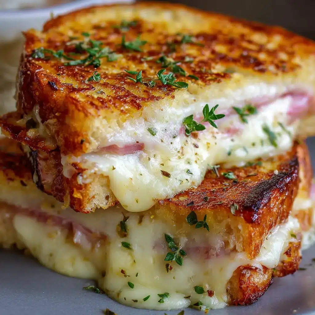 Croque-Monsieur Montagnard doré à la poêle avec fromage à raclette fondant et oignons caramélisés.