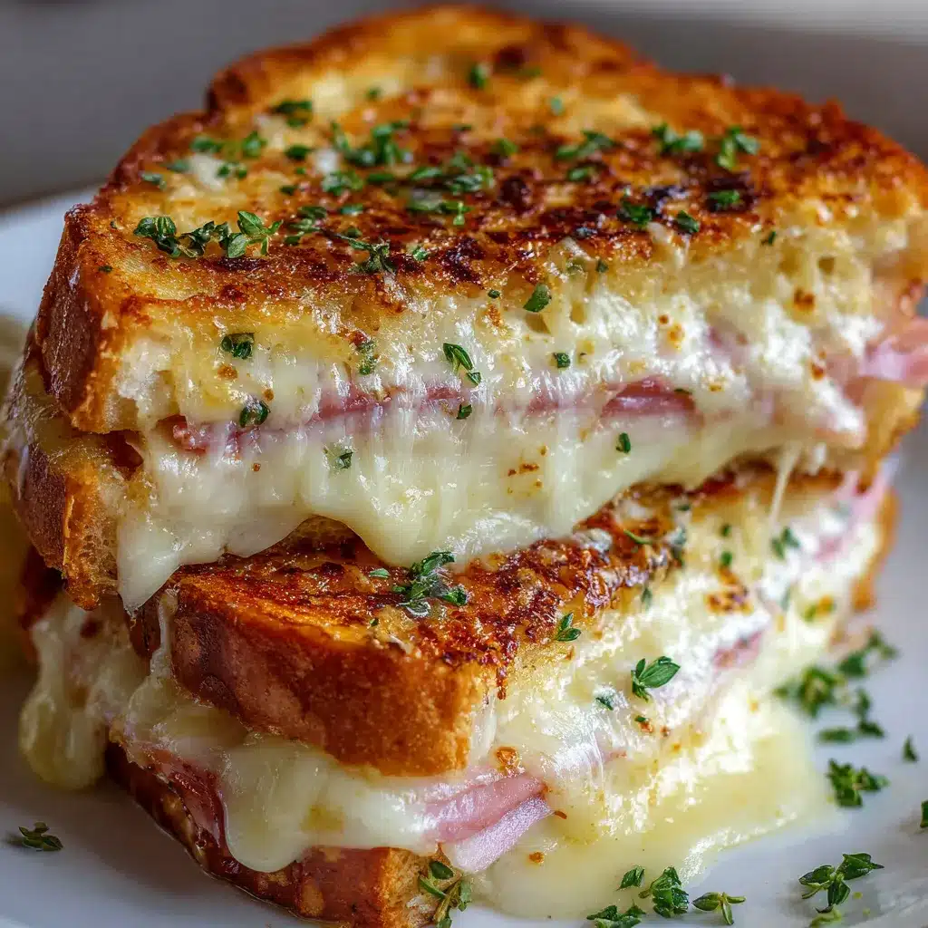 Croque-Monsieur Montagnard doré à la poêle avec fromage à raclette fondant et oignons caramélisés.