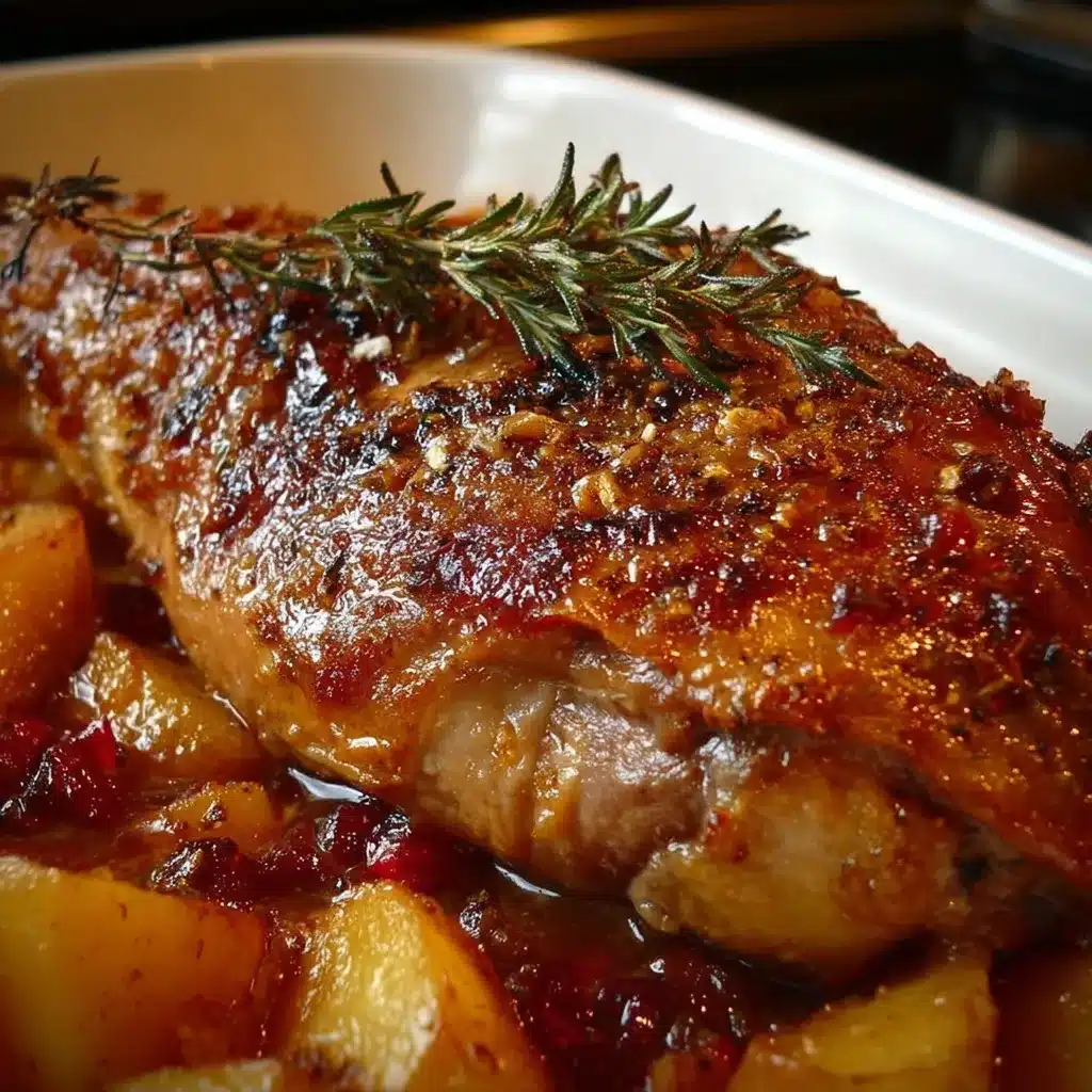 Cuisse de dinde confite au four nappée de sauce miel-moutarde et thym, servie dans un plat rustique