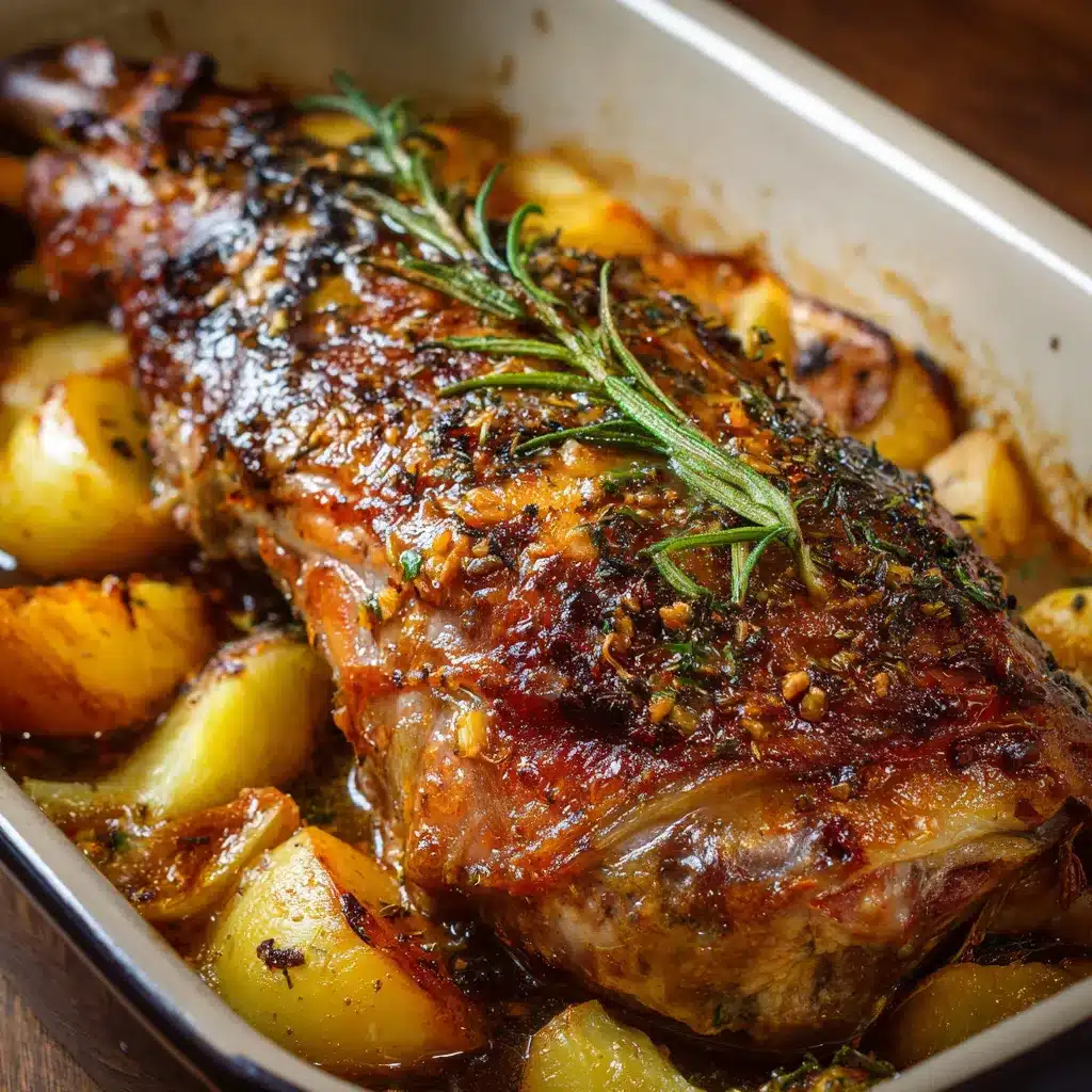 Cuisse de dinde confite au four nappée de sauce miel-moutarde et thym, servie dans un plat rustique