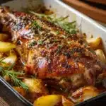 Cuisse de dinde confite au four nappée de sauce miel-moutarde et thym, servie dans un plat rustique