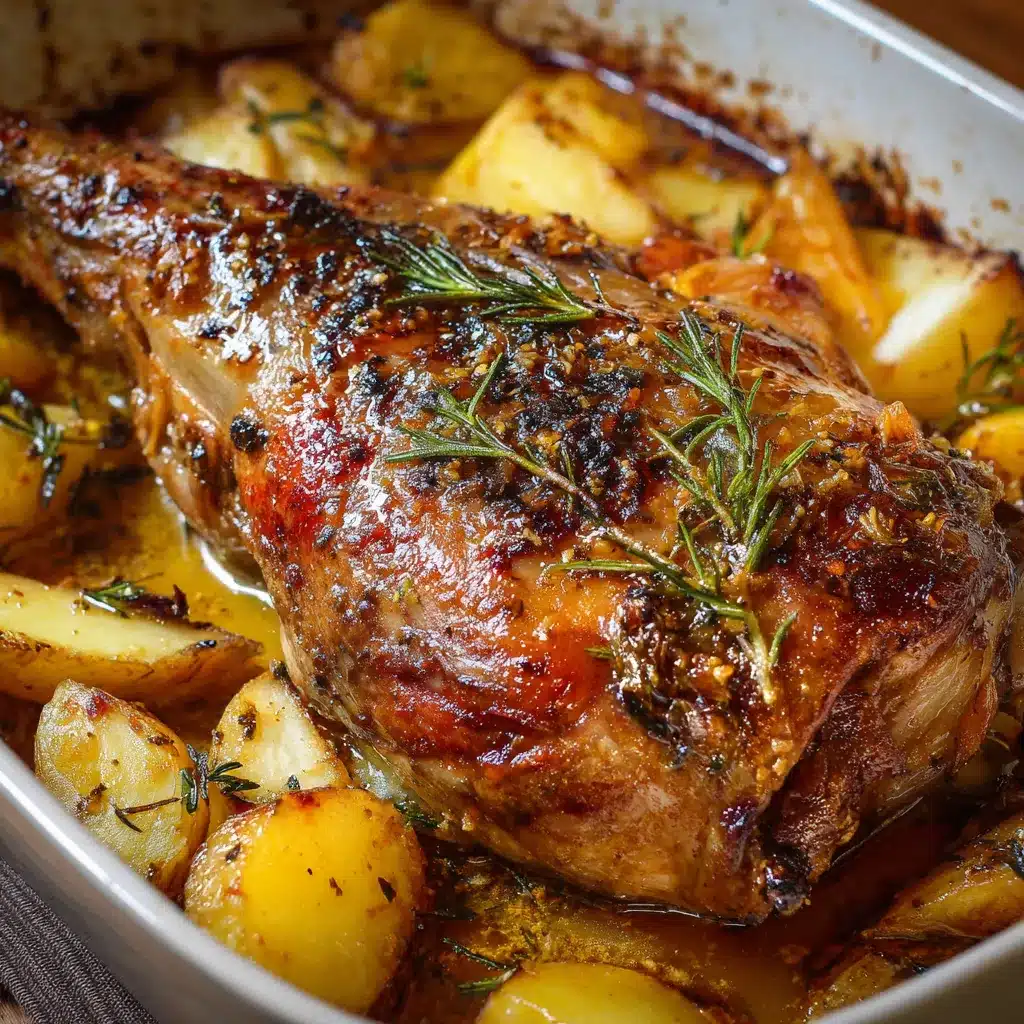 Cuisse de dinde confite au four nappée de sauce miel-moutarde et thym, servie dans un plat rustique