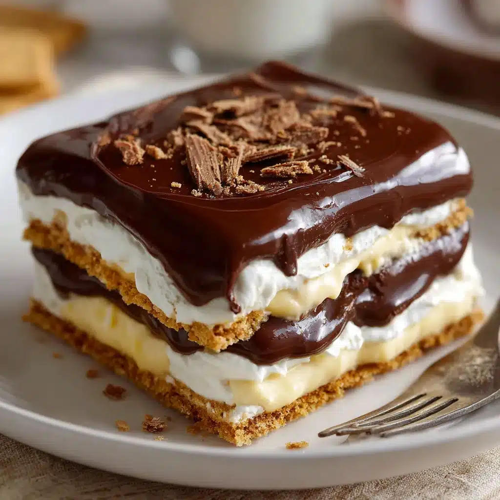 Vue en coupe du dessert éclair au chocolat sans cuisson avec glaçage brillant et couches de biscuits