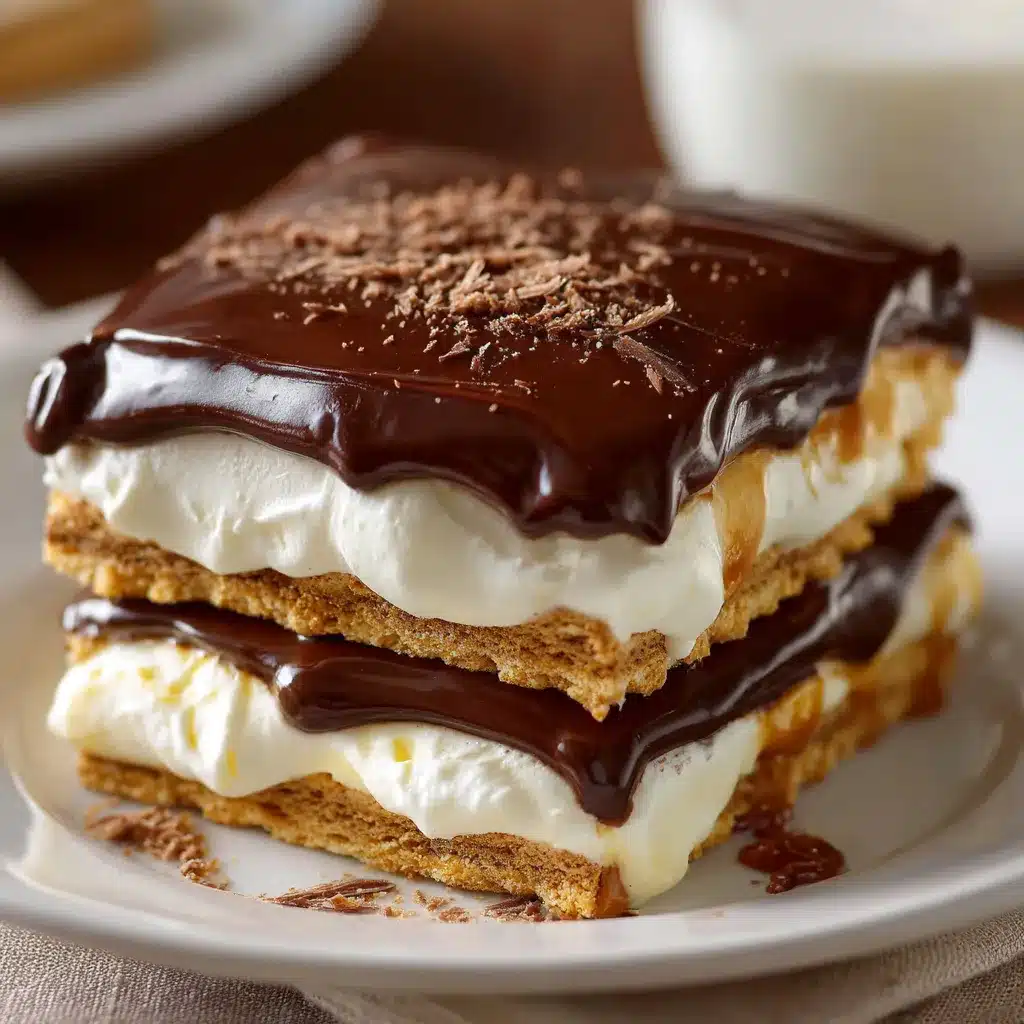 Vue en coupe du dessert éclair au chocolat sans cuisson avec glaçage brillant et couches de biscuits