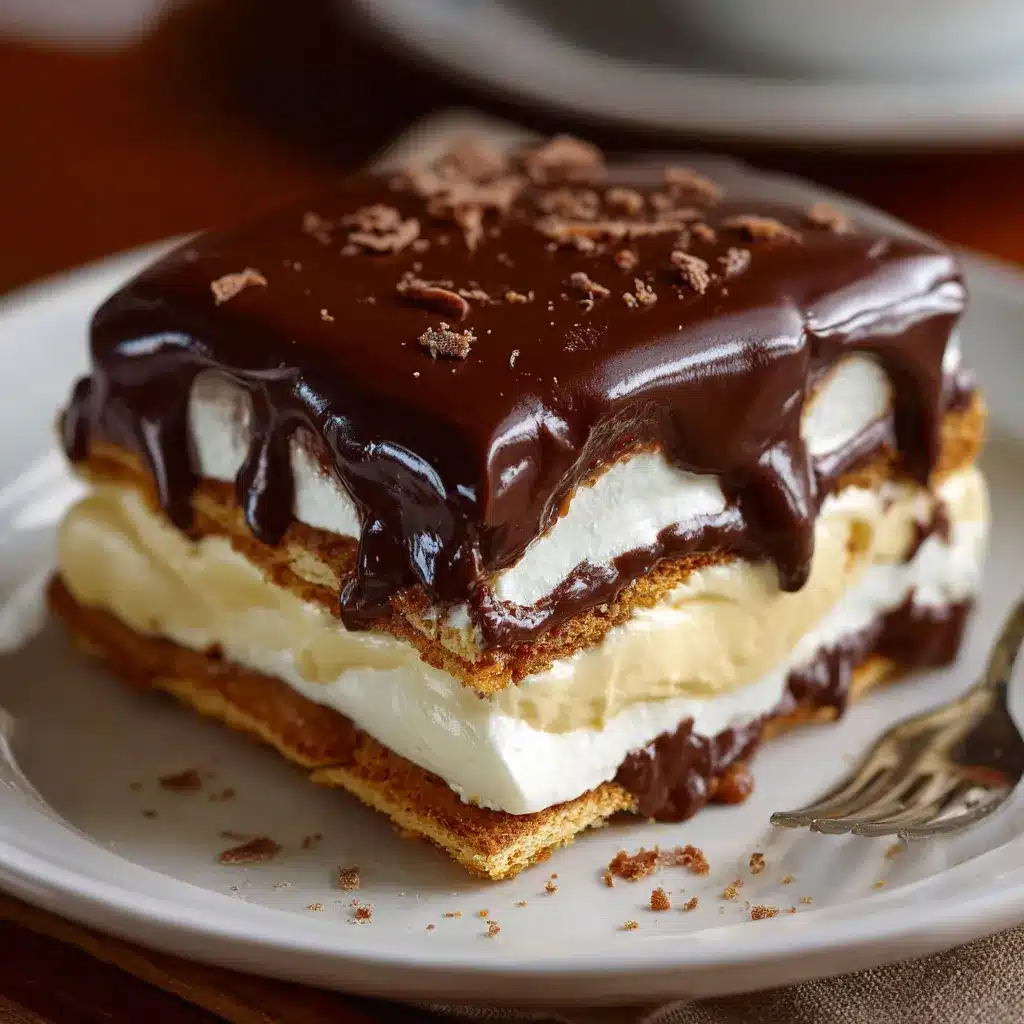 Vue en coupe du dessert éclair au chocolat sans cuisson avec glaçage brillant et couches de biscuits