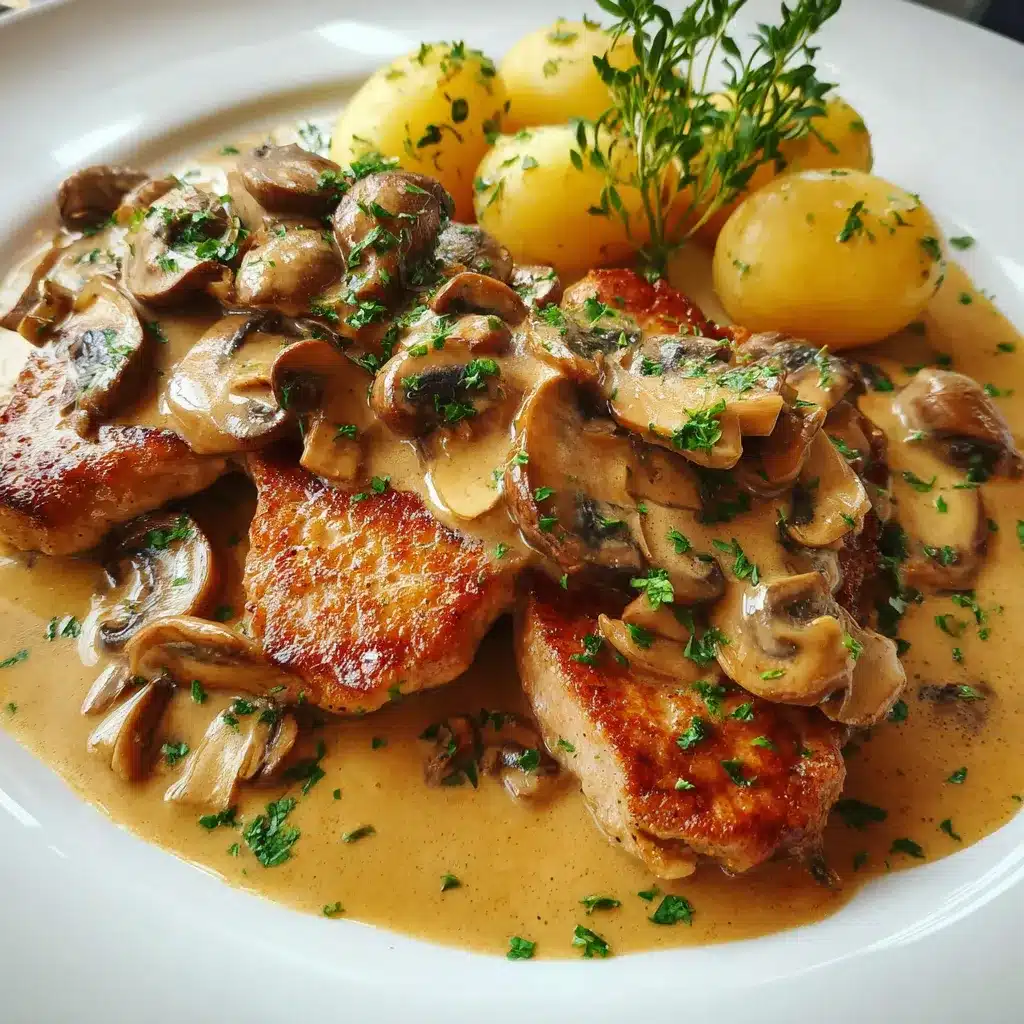 Escalope à la Normande servie avec tagliatelles fraîches et sauce crémeuse aux champignons