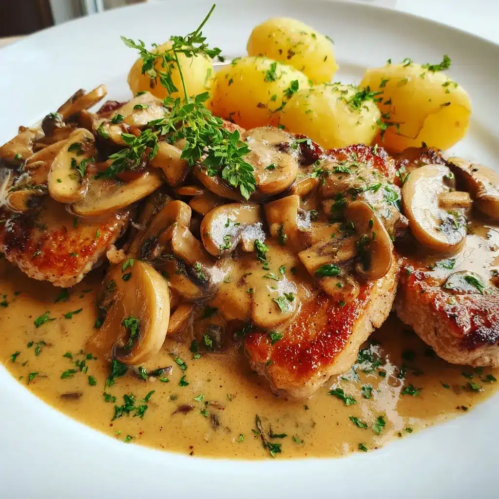 Escalope à la Normande servie avec tagliatelles fraîches et sauce crémeuse aux champignons