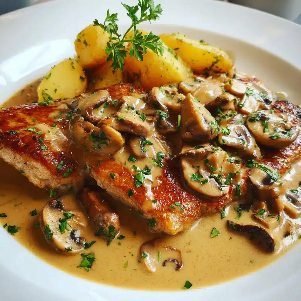 Escalope à la Normande servie avec tagliatelles fraîches et sauce crémeuse aux champignons