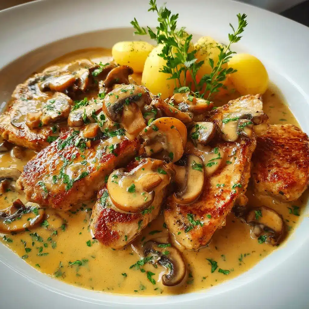 Escalope à la Normande servie avec tagliatelles fraîches et sauce crémeuse aux champignons