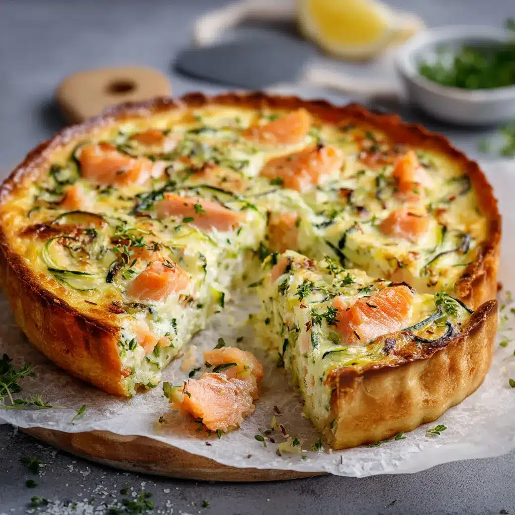 Flan de courgettes au saumon fumé et parmesan, servi en tranches avec salade verte