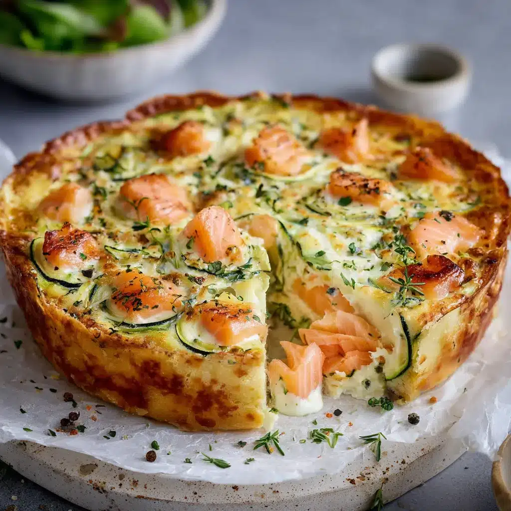 Flan de courgettes au saumon fumé et parmesan, servi en tranches avec salade verte