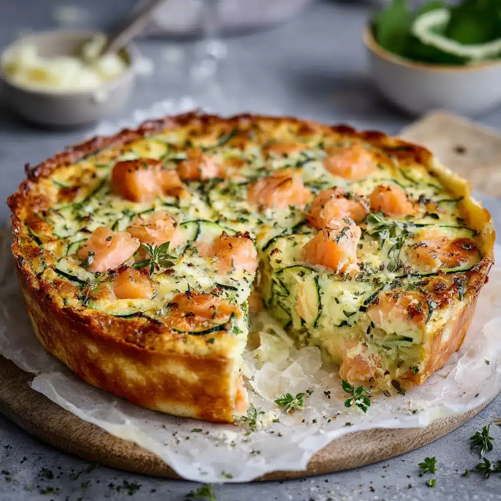 Flan de courgettes au saumon fumé et parmesan, servi en tranches avec salade verte