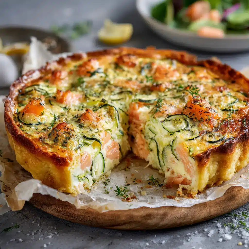 Flan de courgettes au saumon fumé et parmesan, servi en tranches avec salade verte