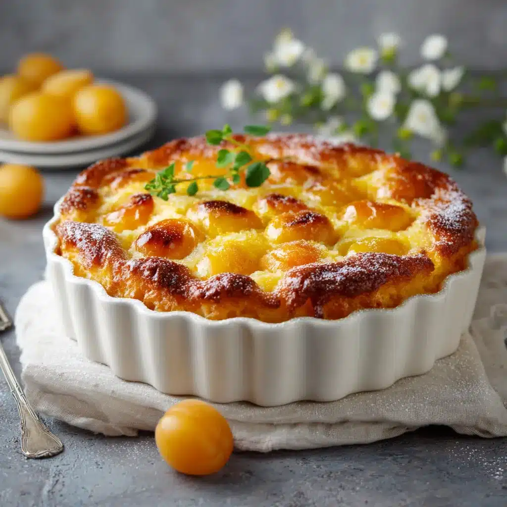 Flognarde aux mirabelles maison dans un plat à gratin doré au four