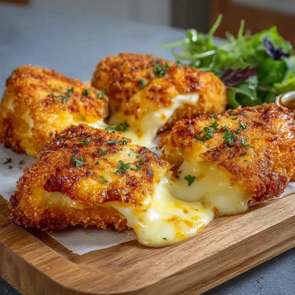 Fromage fondu croustillant doré servi chaud, croquant à l’extérieur, fondant à l’intérieur