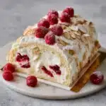 Gâteau Framboise Meringué Craquant maison sur fond en bois, avec meringue dorée et sucre glace