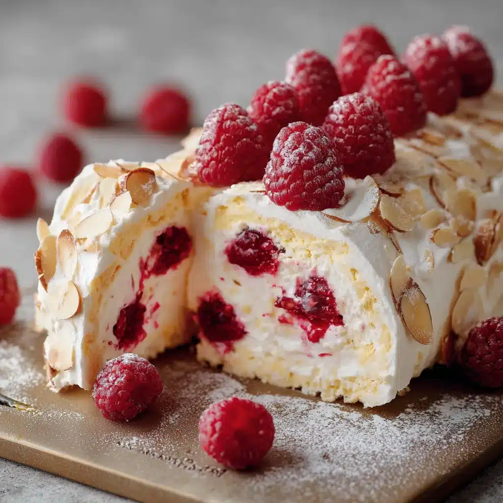 Gâteau Framboise Meringué Craquant maison sur fond en bois, avec meringue dorée et sucre glace